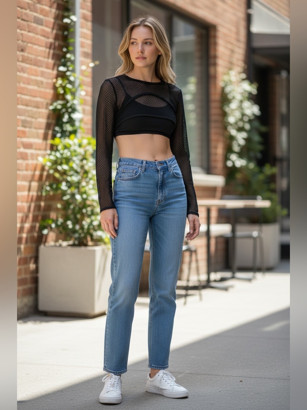 UO Mesh Long Sleeve Crop Top Black Sz M